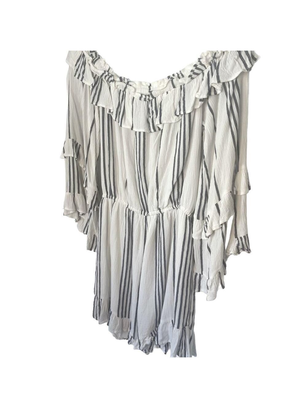 American Eagle Women's Cream and Black Striped Off-Shoulder Romper, SM